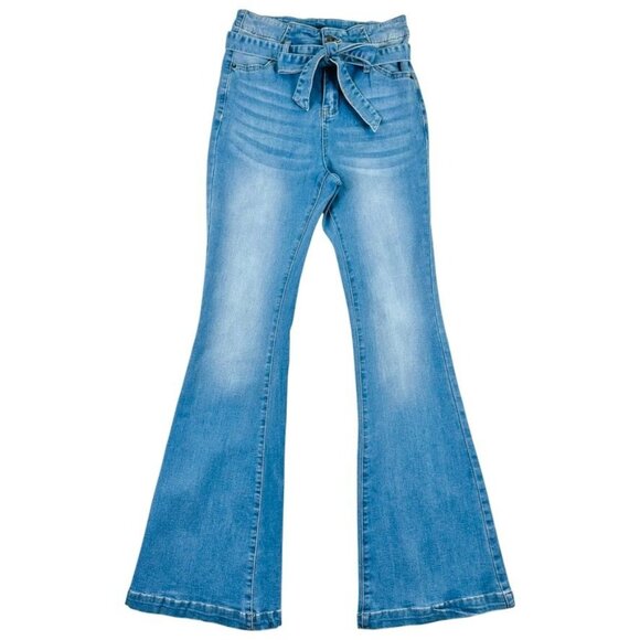 High-Waisted Light Blue Flare Jeans With Tie Belt Women Size 6 - Picture 6 of 9